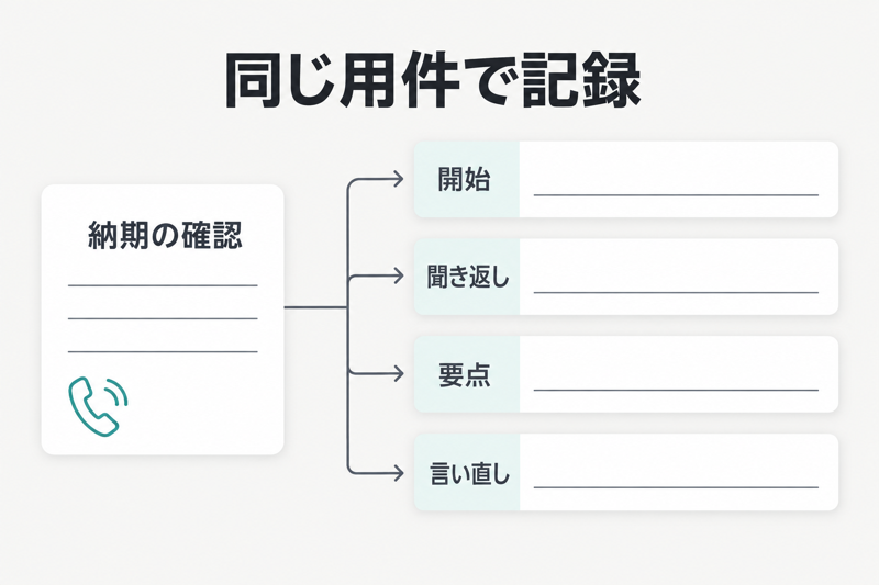 同じ英語電話の用件で開始と聞き返し要点と言い直しを記録する図