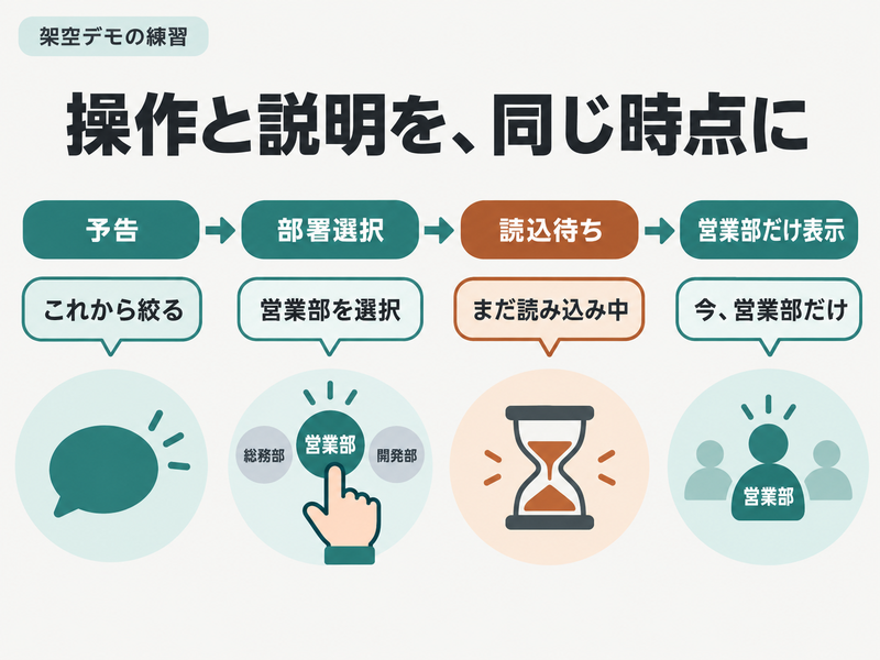 英語の製品デモで予告・部署選択・読込待ち・結果表示と発話を対応させる図。