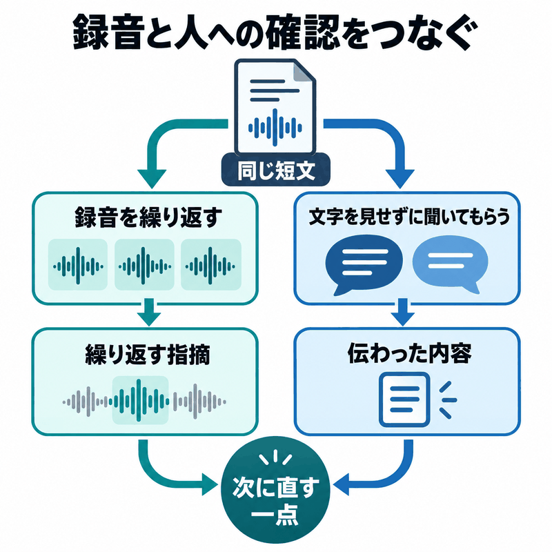 同じ短文を繰り返し録音して人に文字なしで確認し次に直す一点を選ぶ流れ