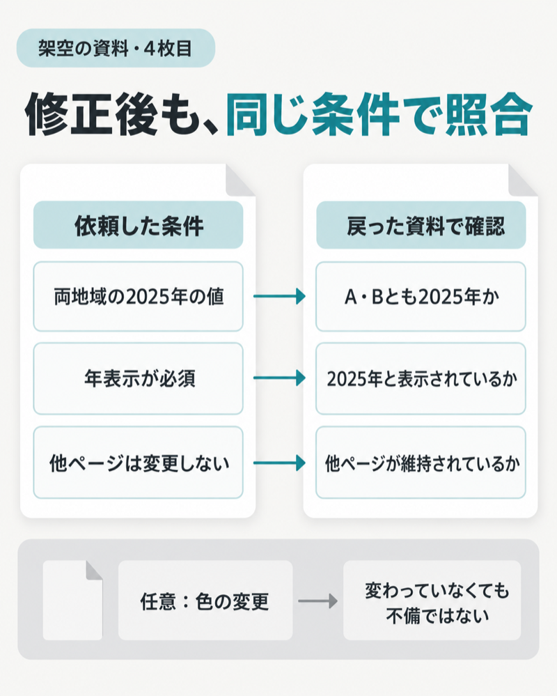 資料の修正結果を2025年の値・年表示・他ページ維持の完了条件と照合する図