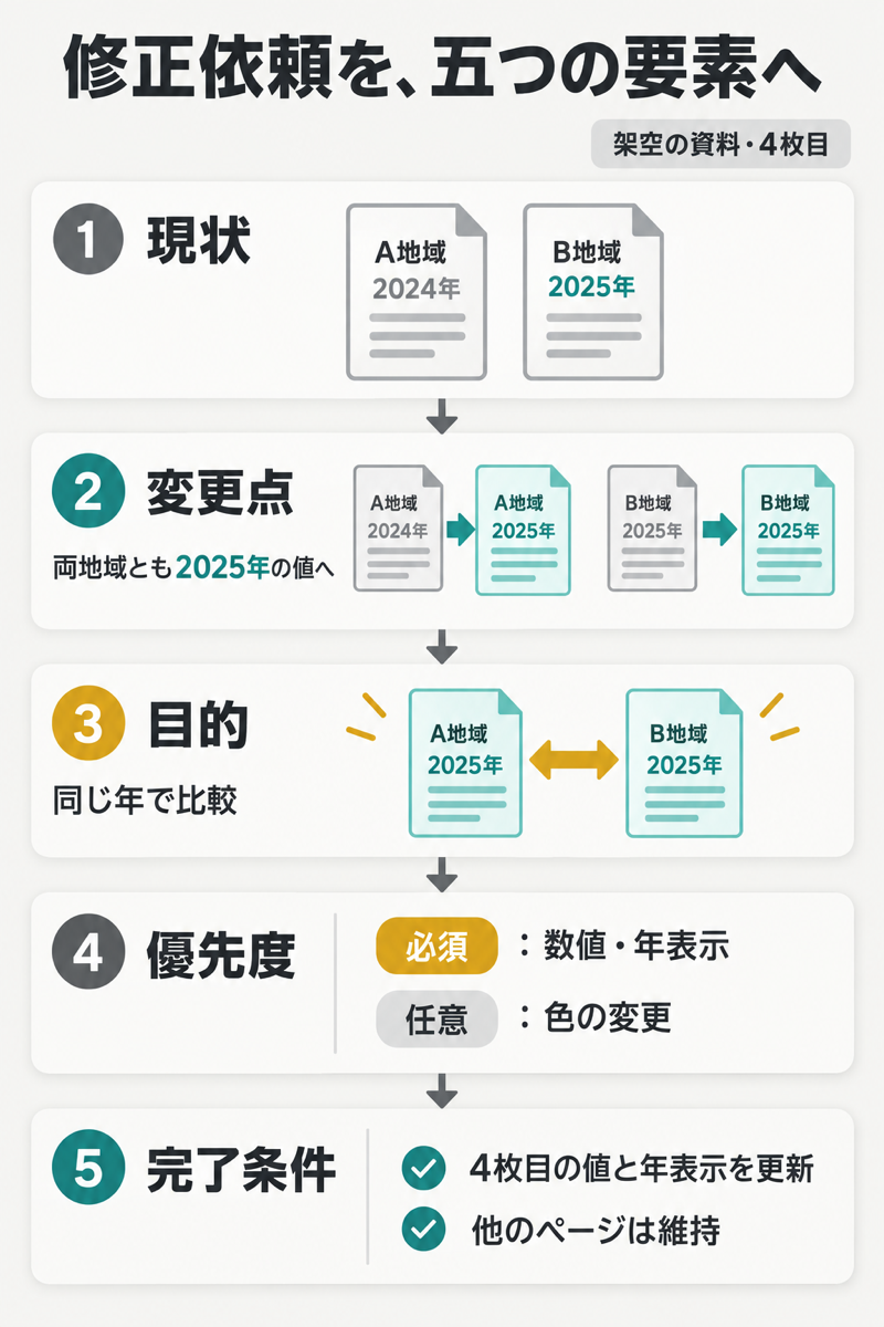 資料の修正依頼を現状・変更点・目的・優先度・完了条件で具体化する図