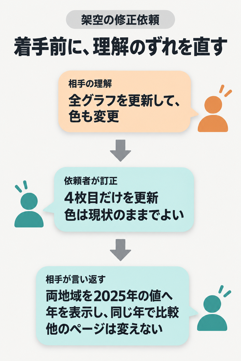 英語の修正依頼で相手の理解を言い返してもらい、4枚目だけの更新へ直す会話図