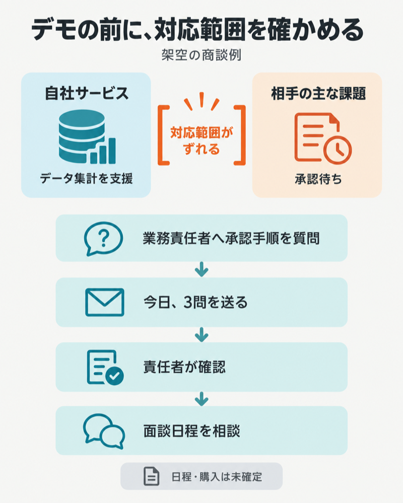 集計サービスの対応範囲を確認し、今日3問を送り責任者確認後に面談を相談する図