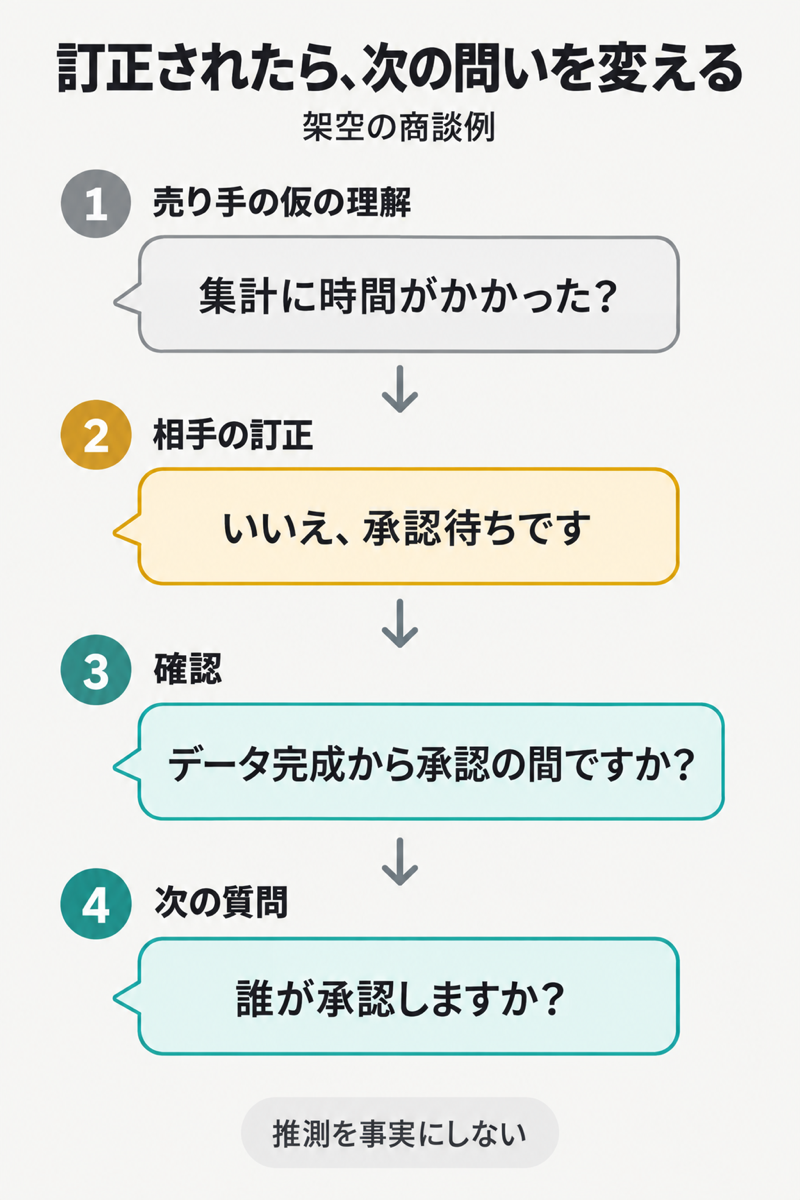 集計の遅さという仮の理解を承認待ちへ訂正し、承認者を尋ねる図