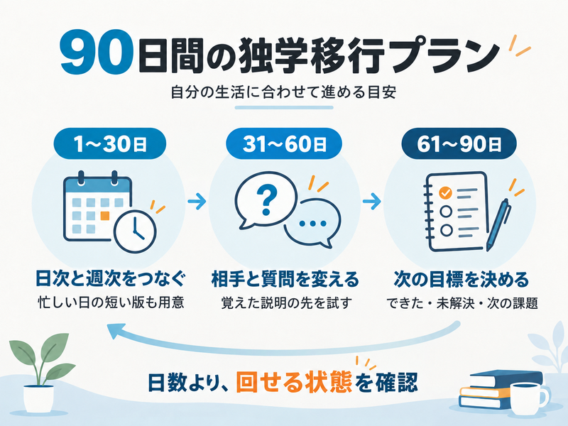 英語コーチング卒業後90日間で日次と週次をつなぎ仕事の課題へ広げる独学移行の目安