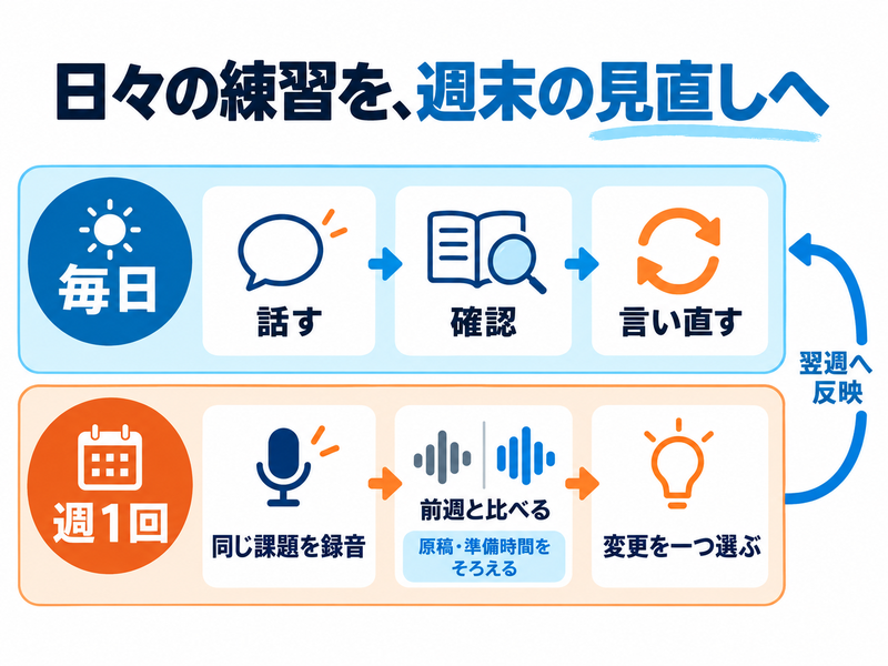 英語独学の日次発話と週1回の録音比較から翌週の練習を見直す循環
