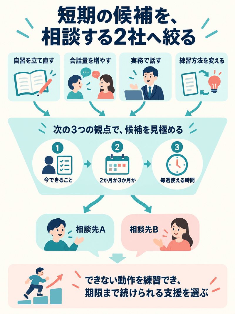 優先課題を選び、今できること、2か月か3か月か、毎週使える時間から短期コーチングの相談先2社を絞る流れ