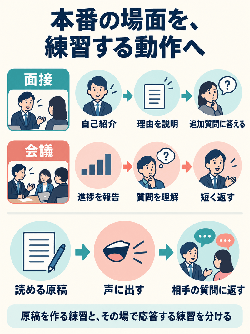 面接と会議の場面を、自己紹介、理由説明、追加質問への回答、報告、質問理解、応答へ分けた練習例