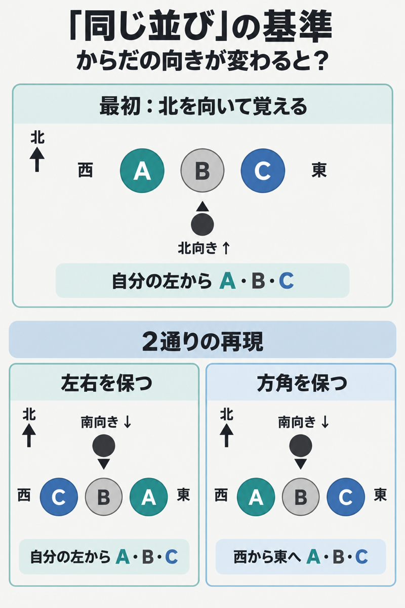 東西南北で話す言語の空間参照枠を理解する模式図。北向きから南向きに変わったとき、左右を保つ並びと方角を保つ並びを比較。