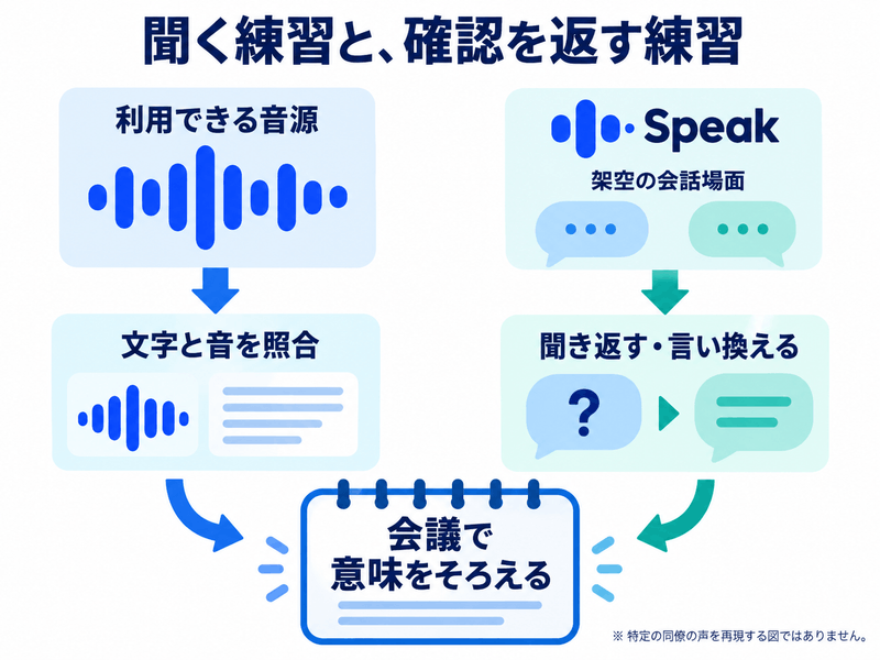利用できる実音源で音を照合する練習とSpeakで確認発話を返す練習を使い分ける図