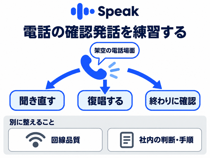 Speakで練習する電話の確認発話と別に対応が必要な回線や社内判断を分けた図