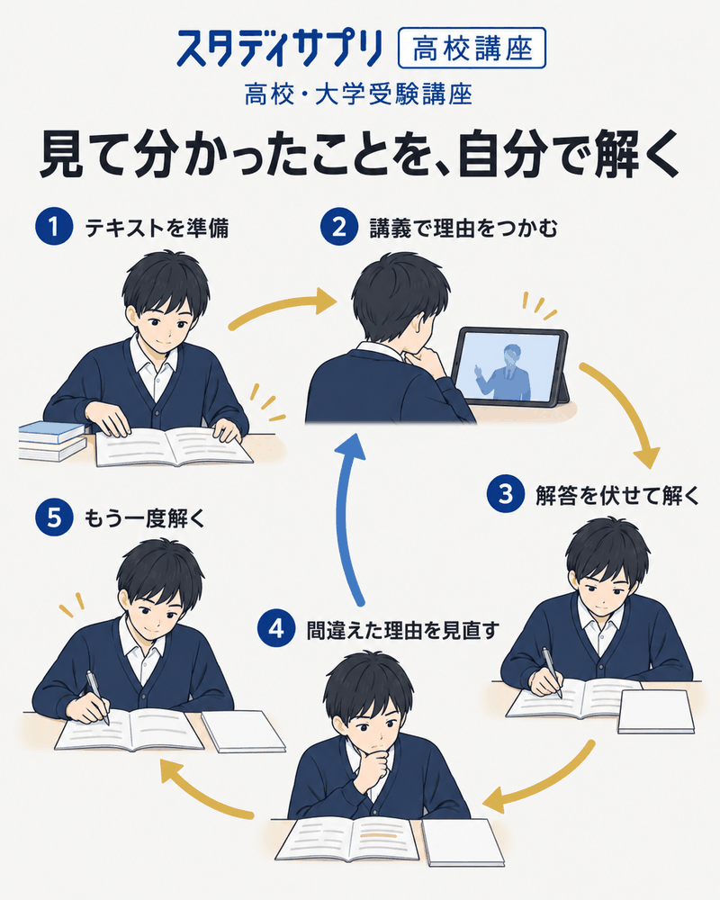 スタディサプリ高校講座の講義から自力演習と誤答の復習へ進む練習の循環