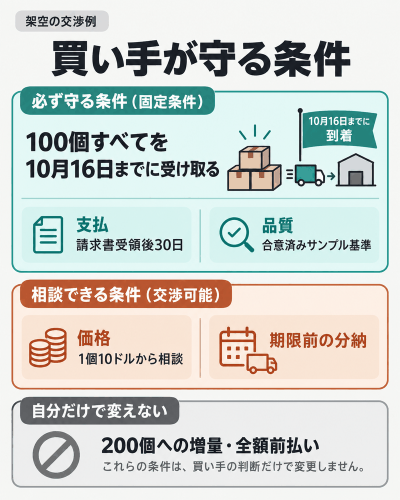 買い手が守る数量・到着期限・支払・品質と、相談できる価格・早期分納を分けた架空例。