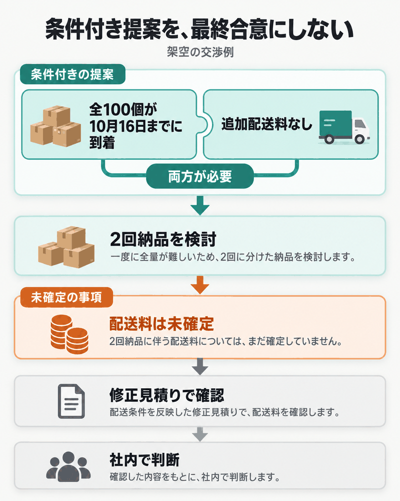 分納の条件を示し、未確定の配送料を修正見積りへ残す手順。