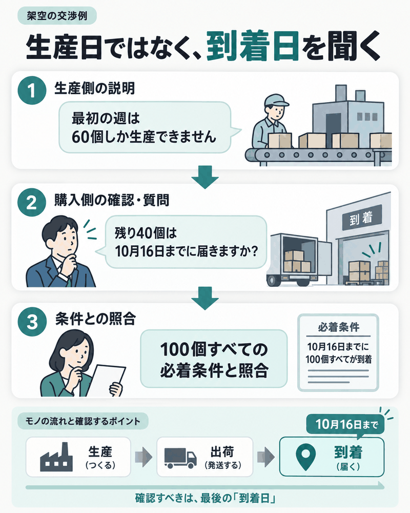 仕入先の生産制約を聞き、残り40個の到着日を確認する流れ。