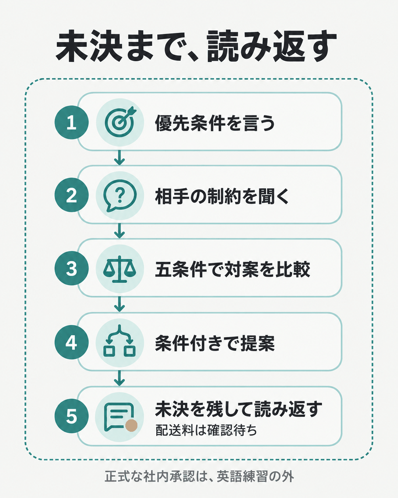 仕入先との英語交渉で、優先条件から未決を含む読み返しへ進む五段階。