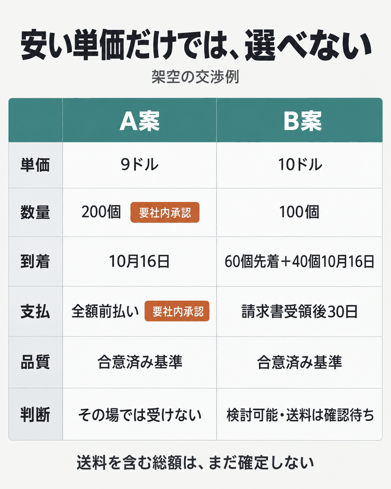 単価が安いA案は数量と支払条件が合わず、B案は送料を確認して検討する比較。