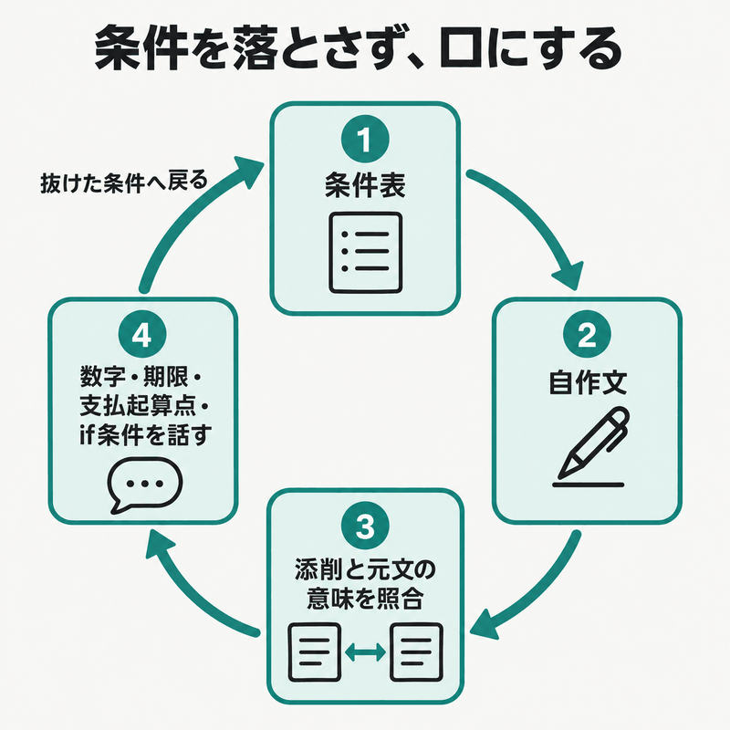 添削後の英文を数字・期限・条件節を落とさず話し、抜けた条件へ戻る練習。