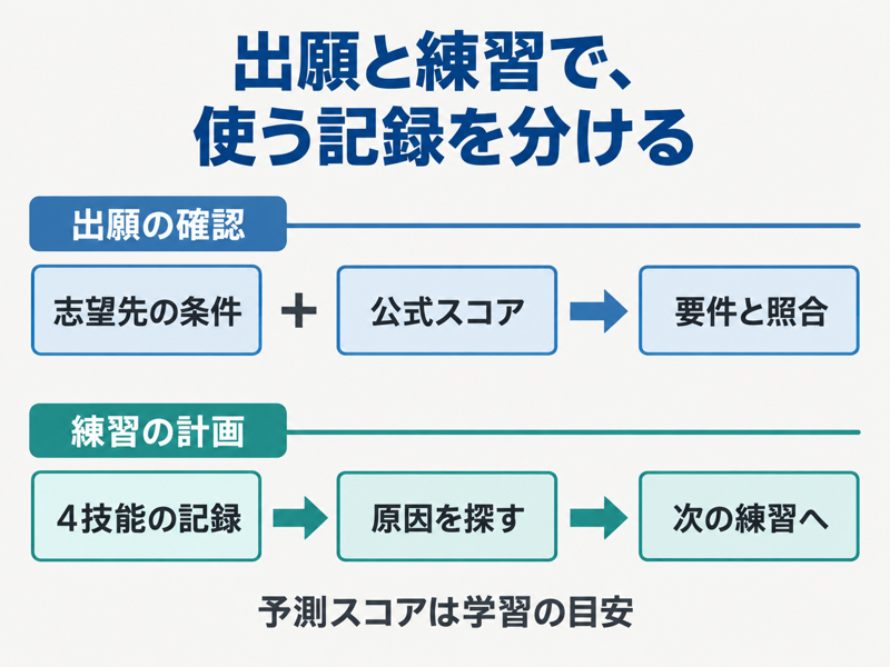 TOEFL公式スコアによる出願確認と4技能の記録による学習計画の違い
