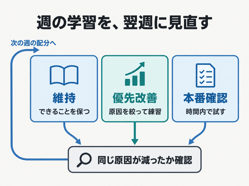 TOEFL勉強法の維持・優先改善・本番確認と週次の学習配分見直し