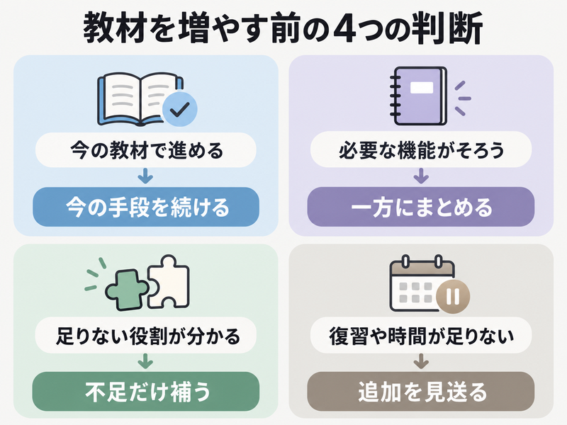 仕事の英語の練習が進むなら継続し必要なら一本化や不足の補完を選び復習時間がないなら追加を見送る四つの判断