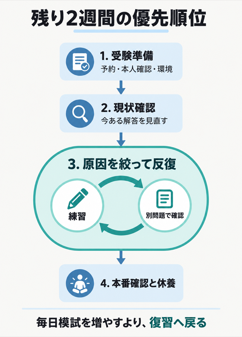 TOEFL2週間前に受験準備から現状確認、弱点反復、本番確認と休養へ進む順序