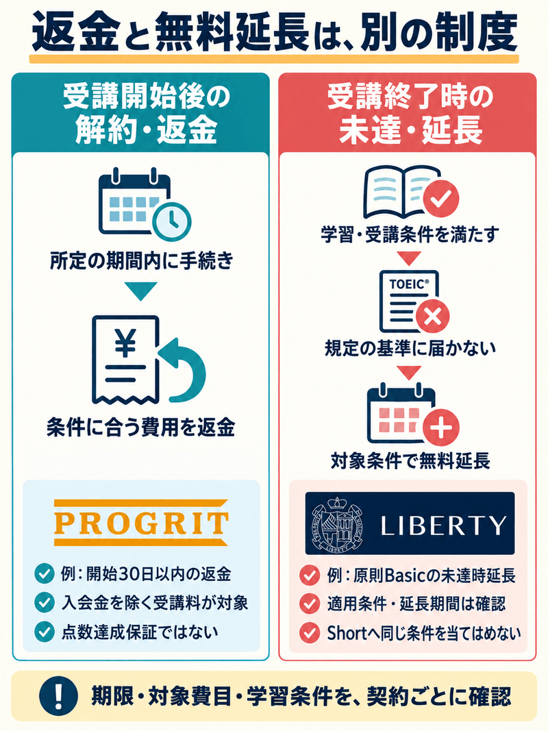 受講初期の解約と返金、学習条件を満たして修了時に未達となった場合の延長を別経路で示す図