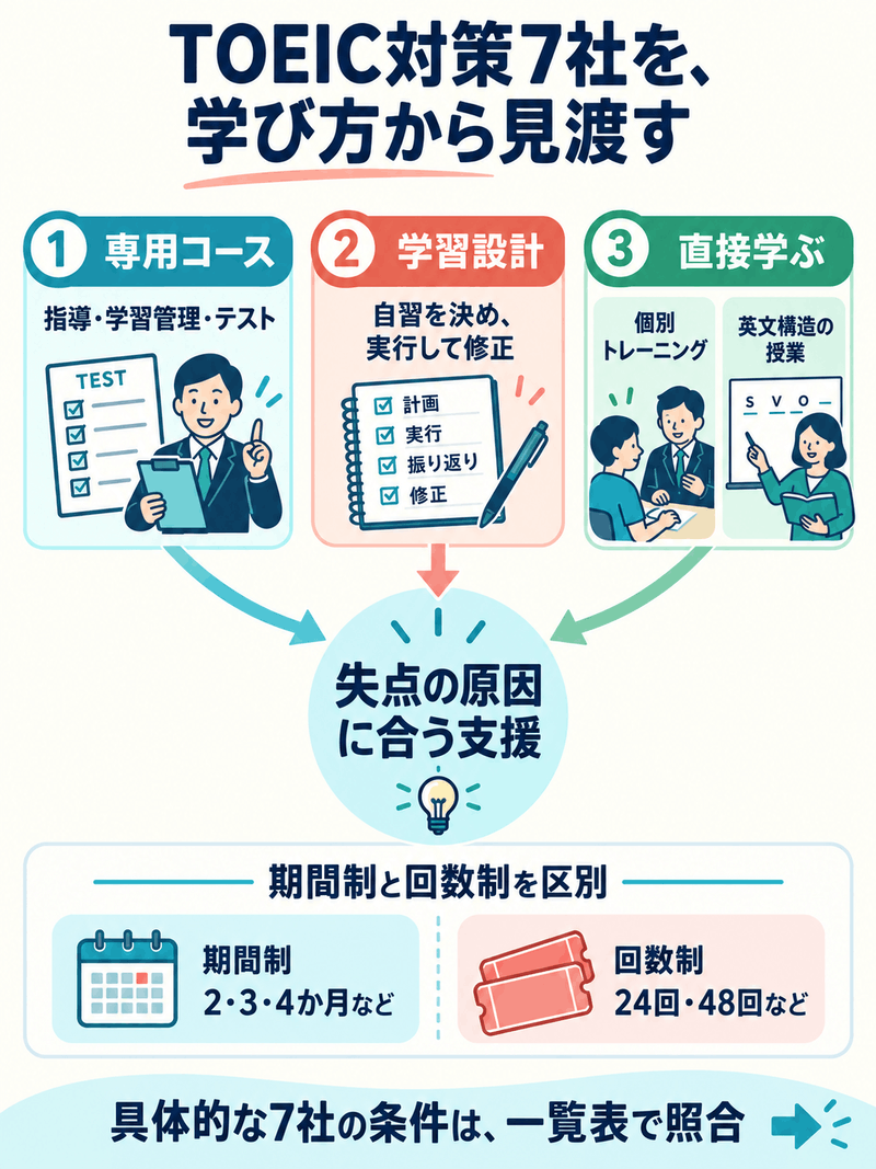 TOEIC対策7社を専用プログラム、学習設計、個別トレーニングと英文構造の授業から見渡す図