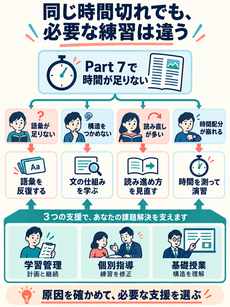 Part7の時間切れを語彙、英文構造、読み直し、時間配分へ分解し、管理、個別指導、授業の役割を考える図