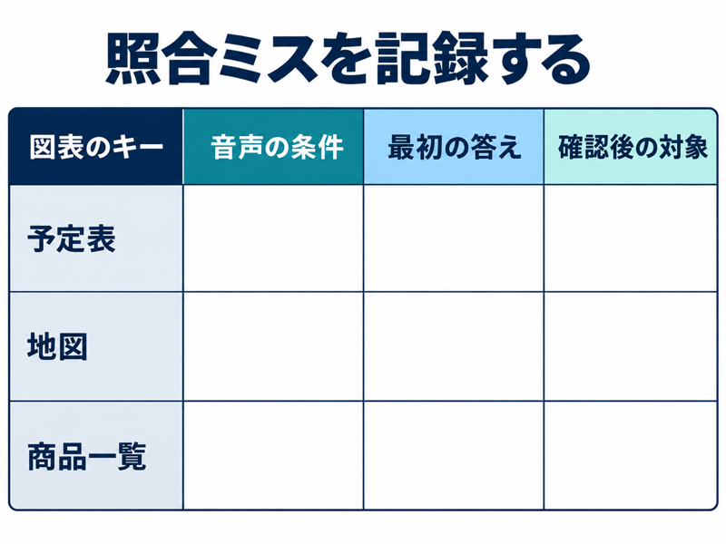 予定表、地図、商品一覧で図表のキー、音声の条件、初回答、確認後の対象を記す空欄表