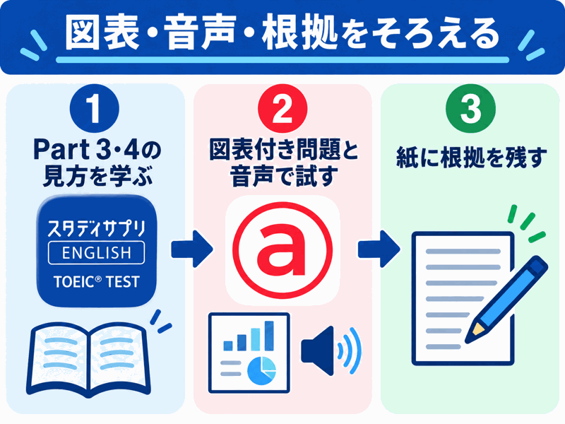Part3・4講義で見方を確認し、図表付き問題と音声を使い、紙に根拠を残す流れ