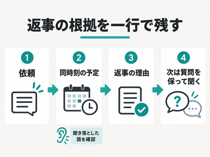 受付代行の要求、同時刻の案内予定、thenの聞き落とし、質問を保って聞く次の練習をつなぐ図