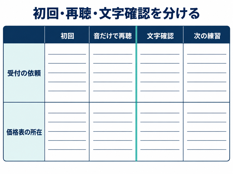 受付の依頼と価格表の所在について初回、音だけで再聴、文字確認、次の練習を分ける空欄表