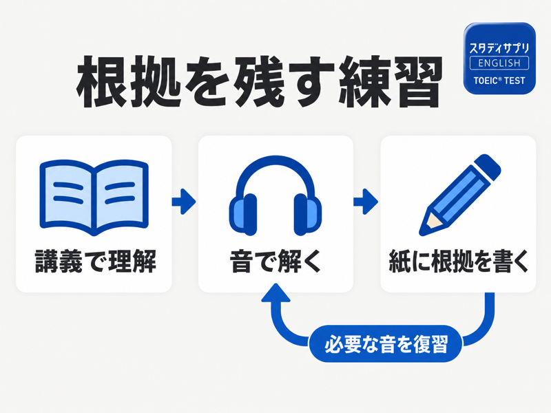 Part2講義、問題演習、自分の紙に返事の根拠を書き、必要な音を復習する流れ