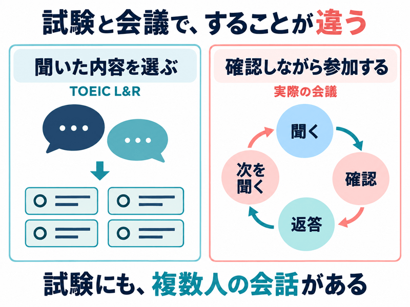 TOEICでも複数人の会話を聞く一方、会議では確認し返答して次を聞くことまで必要になる図