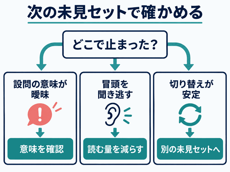 設問が曖昧なら意味確認、冒頭を逃すなら読む量を減らし、安定すれば別の未見セットに進む図