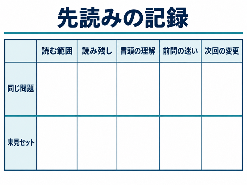 読む範囲、読み残し、冒頭理解、前問の迷い、次回変更を同じ問題と未見セットで分けて記録する表