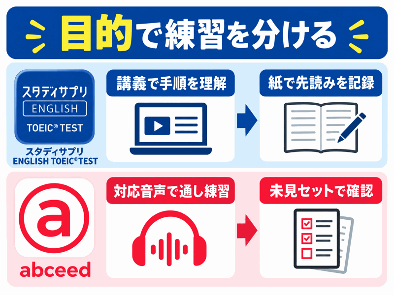スタディサプリENGLISHの講義で手順を理解する流れとabceedの対応音声で通し練習する流れ