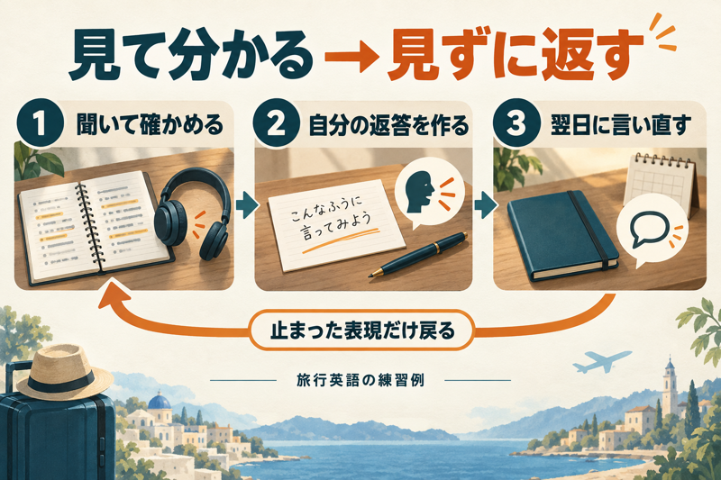 聞いて理解した表現を自分の返答に変え、翌日に見ずに言い直す旅行英語の練習手順