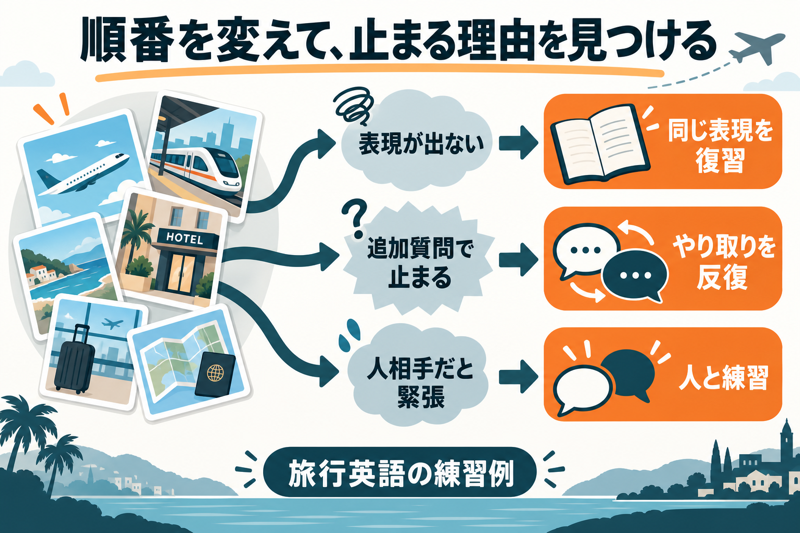 旅行英語の練習で止まる原因を、表現不足、追加質問、対人緊張に分けて次の練習を選ぶ図