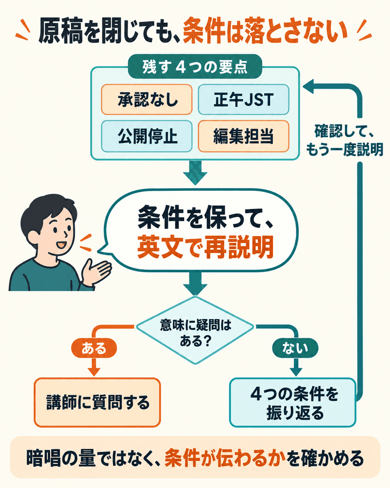 承認なし、正午JST、公開停止、編集担当の4条件を保って再説明し、意味の疑問を質問する図。