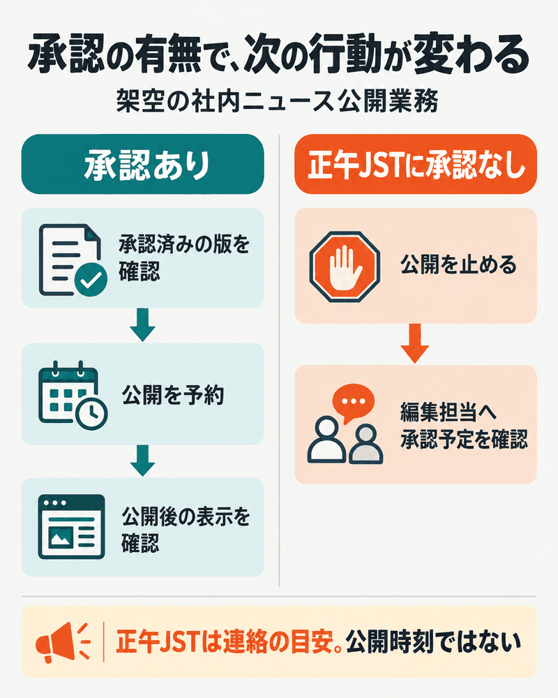 承認済みなら版確認から公開予約へ、正午JSTに未承認なら公開を止め編集担当へ連絡する分岐。