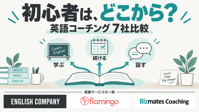 初心者向け英語コーチング7社を基礎学習・継続支援・会話経験から比較する記事のアイキャッチ