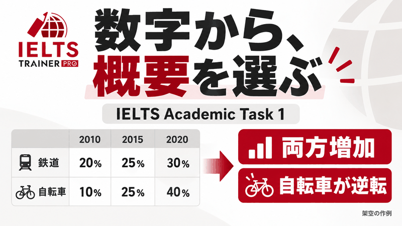 架空の通勤データから両方増加と自転車の逆転を選ぶIELTS Academic Task 1の記事画像