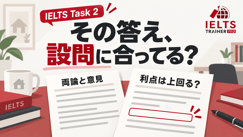 IELTS Task 2の両論と意見、利点の比較で必要な答えが異なることを示すIELTS TRAINER PROの記事画像