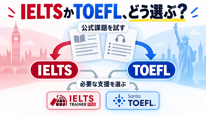 IELTSとTOEFLの公式課題を試してから必要な支援を選ぶ画像