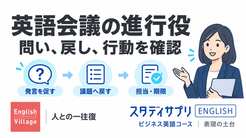 英語会議の進行役が発言を促し議題へ戻して担当と期限を確認する