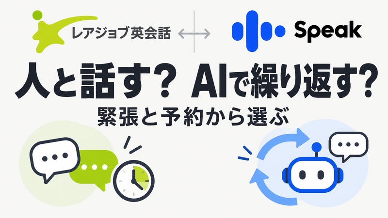 レアジョブで人と話すか、SpeakでAI相手に繰り返すかを緊張と予約から選ぶ記事のアイキャッチ