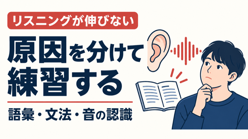 リスニングが伸びない原因を語彙・文法・音の認識に分けて練習する記事のアイキャッチ