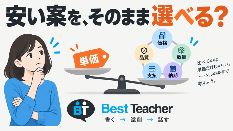 英語の仕入先交渉で単価と五条件を比べ、ベストティーチャーで条件を話す練習へつなぐ。
